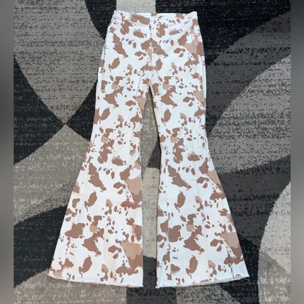 Peach Love California Flare Jeans - White and Tan (Cow Print)
